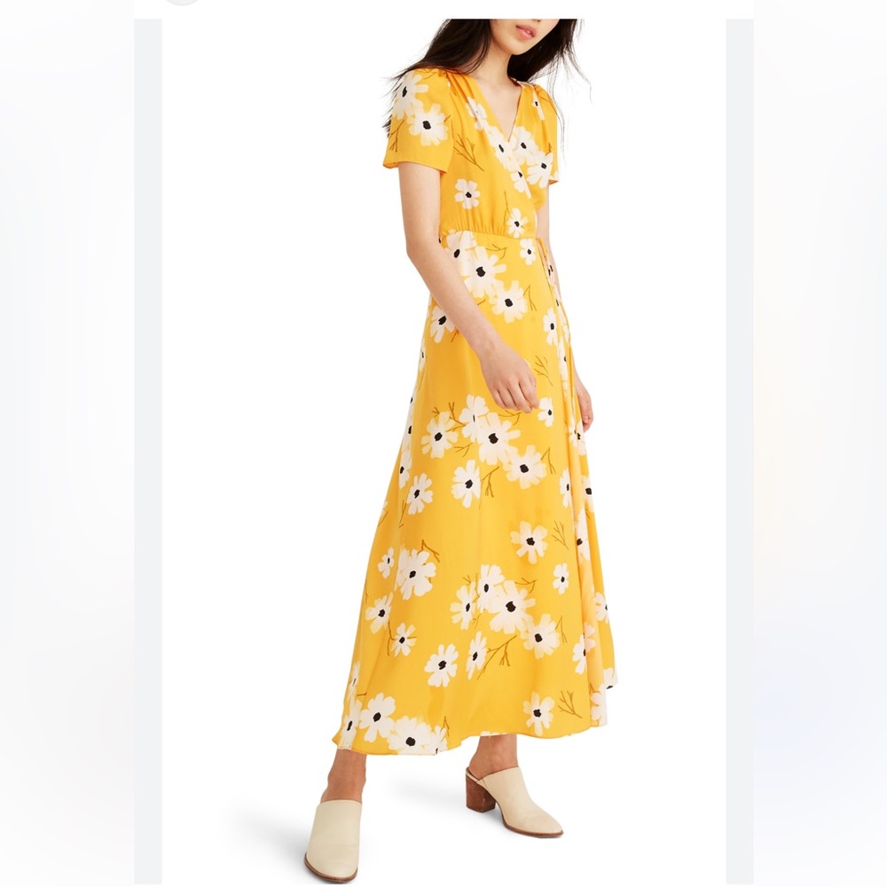 Madewell Ikat Yellow white Floral wrap Maxi Dress size M
